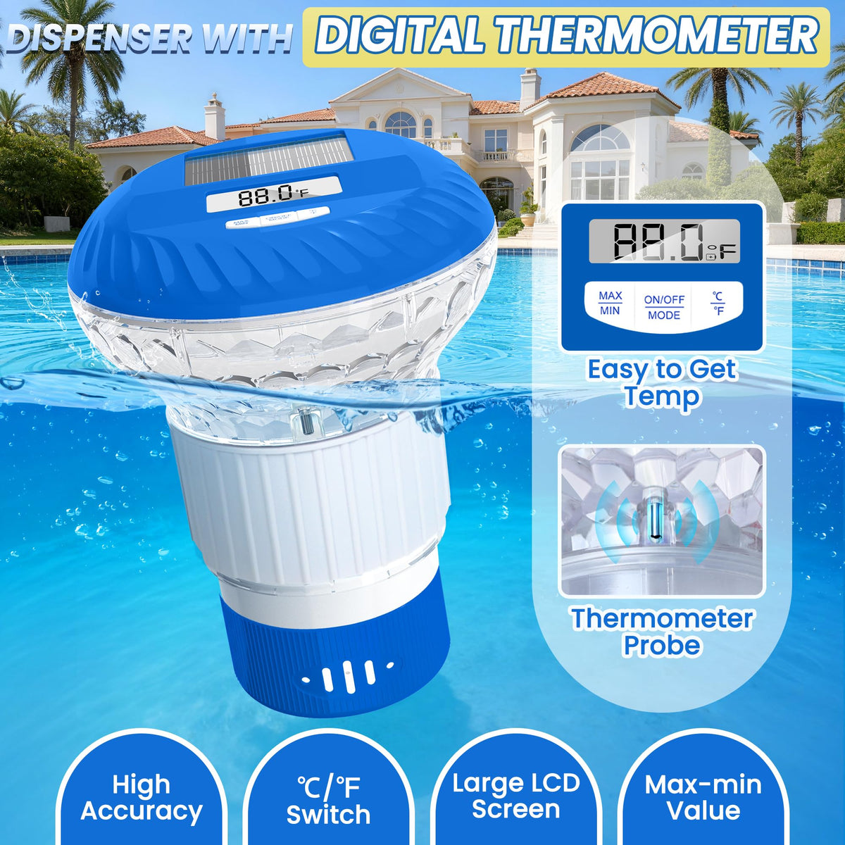 FineBud solar LED lights illuminate the pool at night for ambience.
