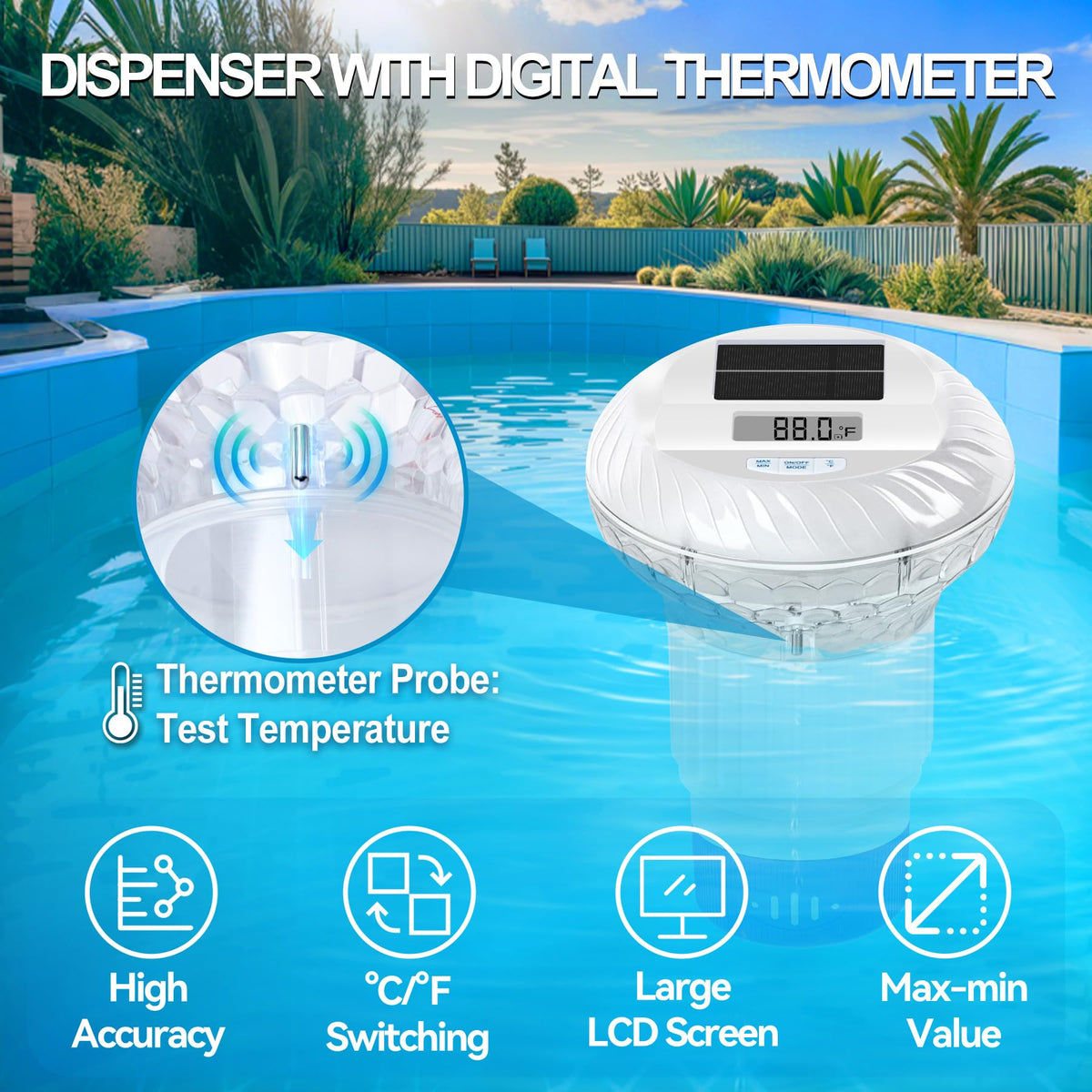 FineBud solar lights illuminate the water at night, adding ambiance while maintaining chlorine distribution
