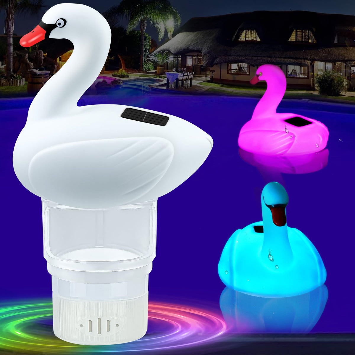 FineBud Solar Swan Chlorine Floater glows at night to illuminate your pool