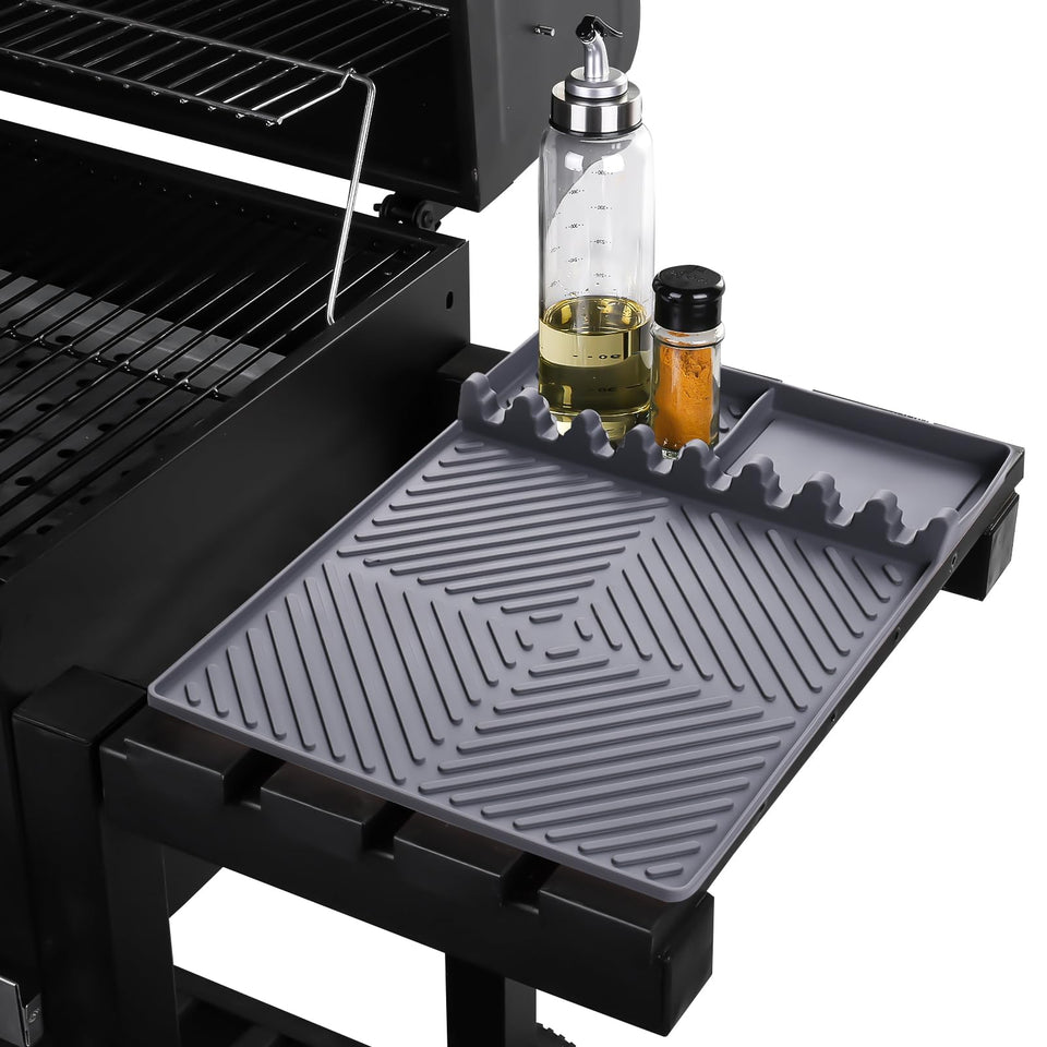 Find Law griddle mat on side shelf organizing tools and keeping workspace tidy