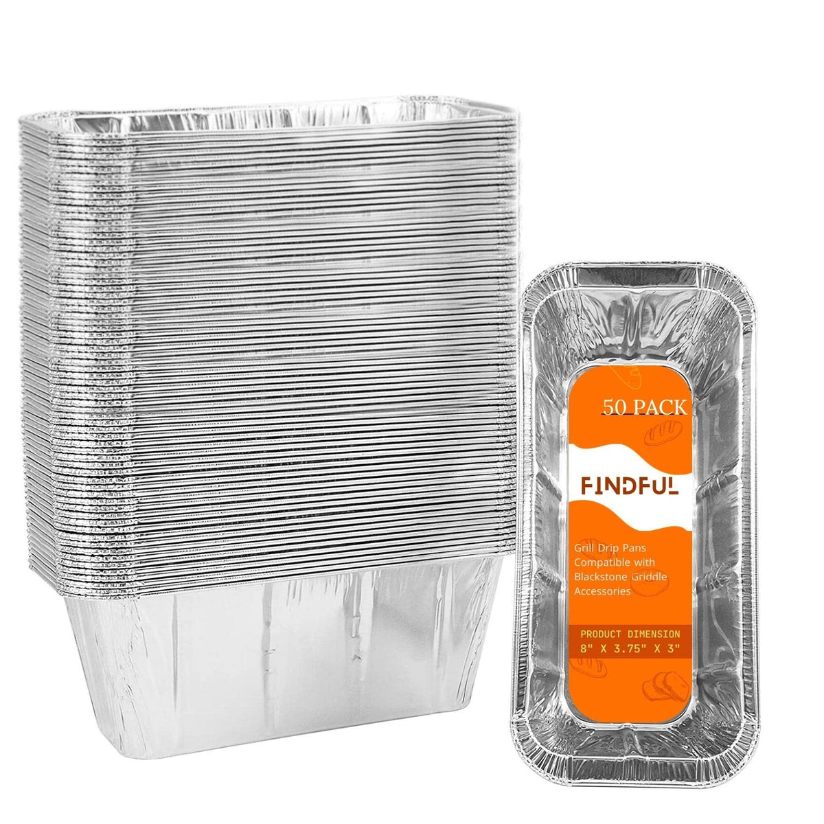 Findful 50-pack drip pan liners for Blackstone griddles, quick cleanups.
