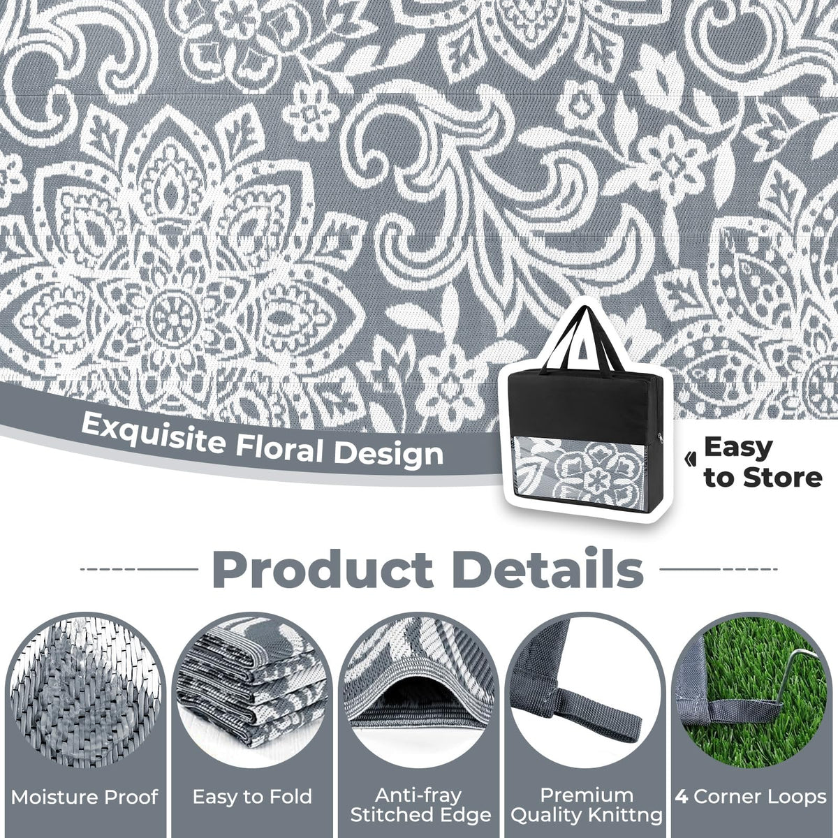Findosom outdoor rug features corner loops and stakes for windier days