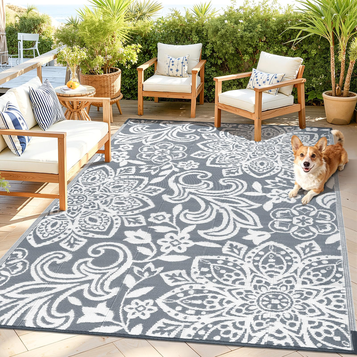 Findosom waterproof outdoor rug with 5x8 mandala pattern for patios and beach days