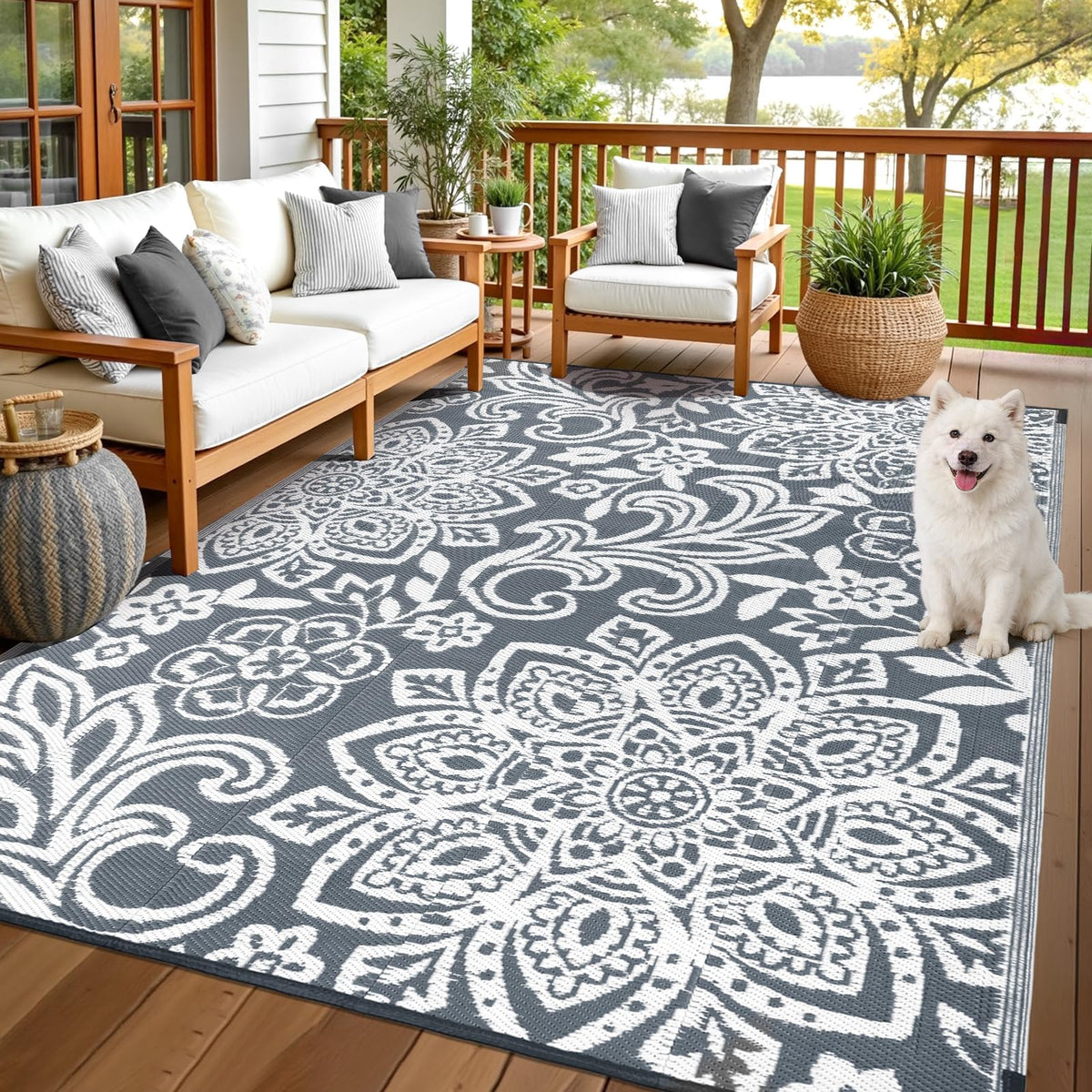 Findosom 6x9 gray mandala rug, reversible for two outdoor looks and patio comfort