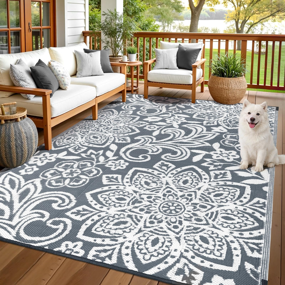 Findosom 6x9 gray mandala rug, reversible for two outdoor looks and patio comfort
