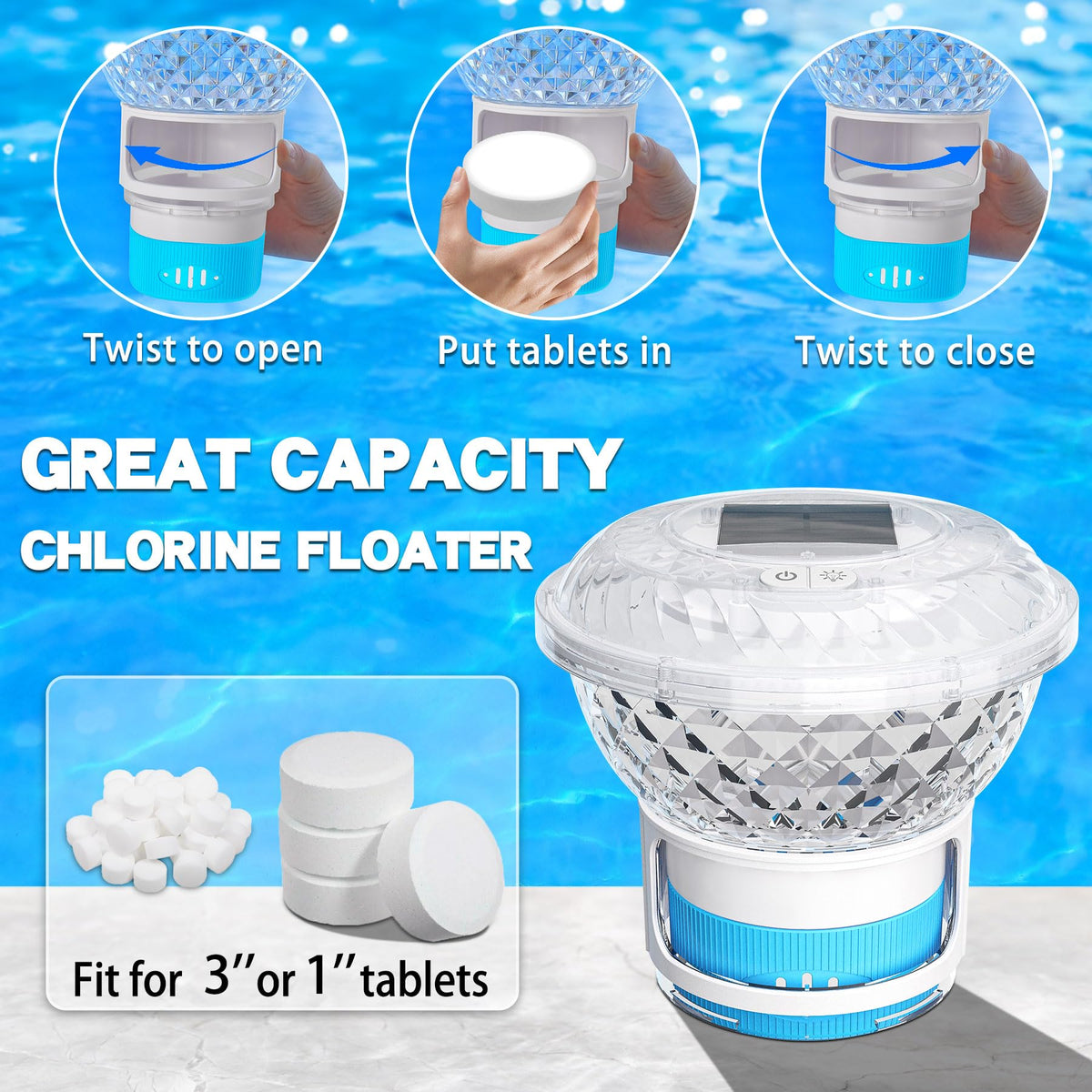 FineBud floater with sliding door for quick chlorine disk insertion.