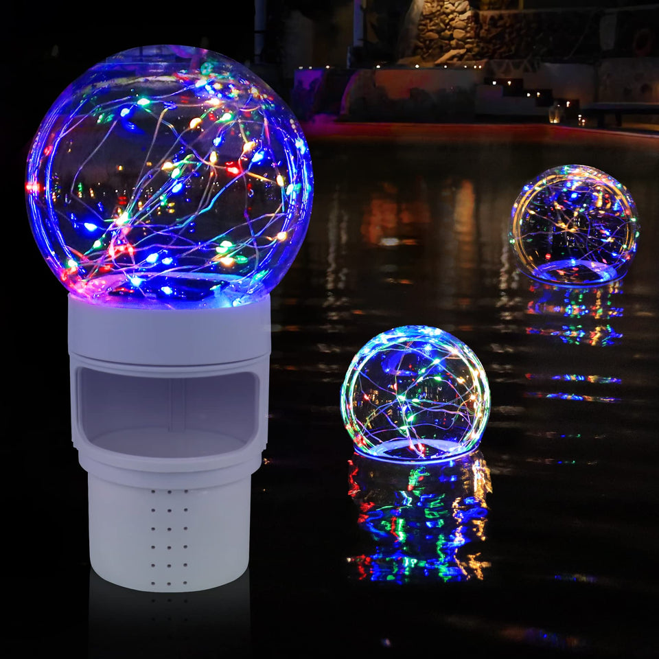 FineBud pool chlorine floater with solar ball light adds nighttime ambiance