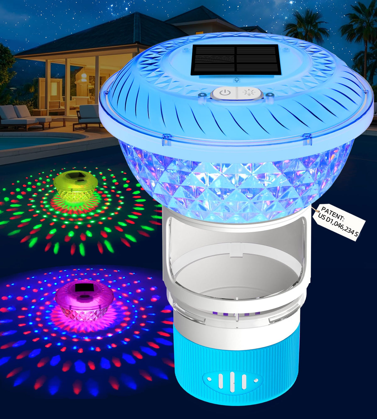 FineBud solar chlorine floater with colorful light enhances pool ambiance at night.