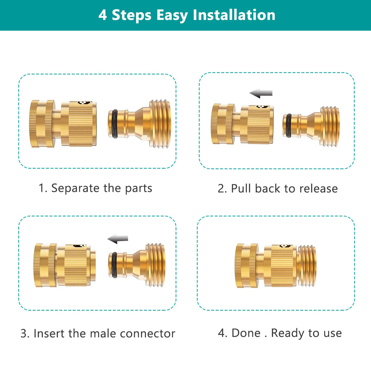 FINEST+ brass male quick connector shows easy on/off for fast hose setup.