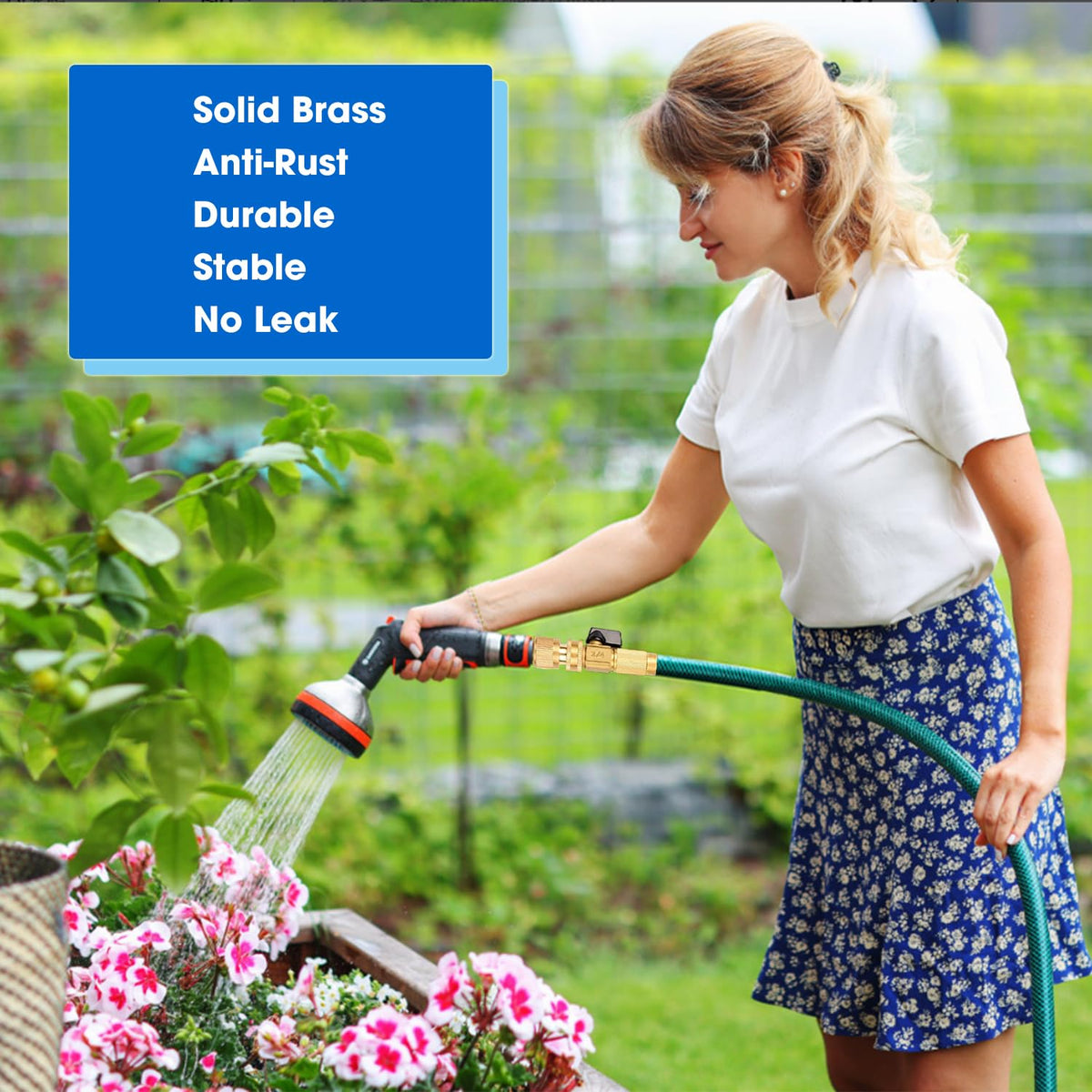 FINEST+ heavy-duty brass connection withstands high pressure for frequent outdoor spraying.