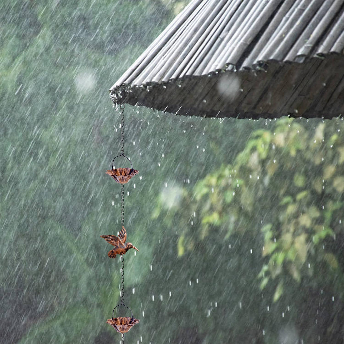 Finphoon copper rain chain bottom with birds adds durable decoration.