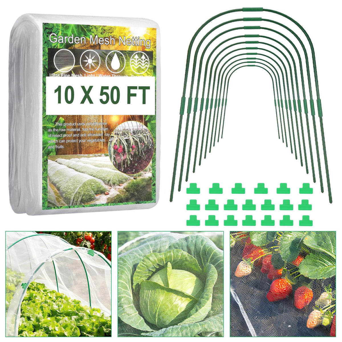 Fippy Garden Netting Kit with mesh netting protecting vegetables and fruit.