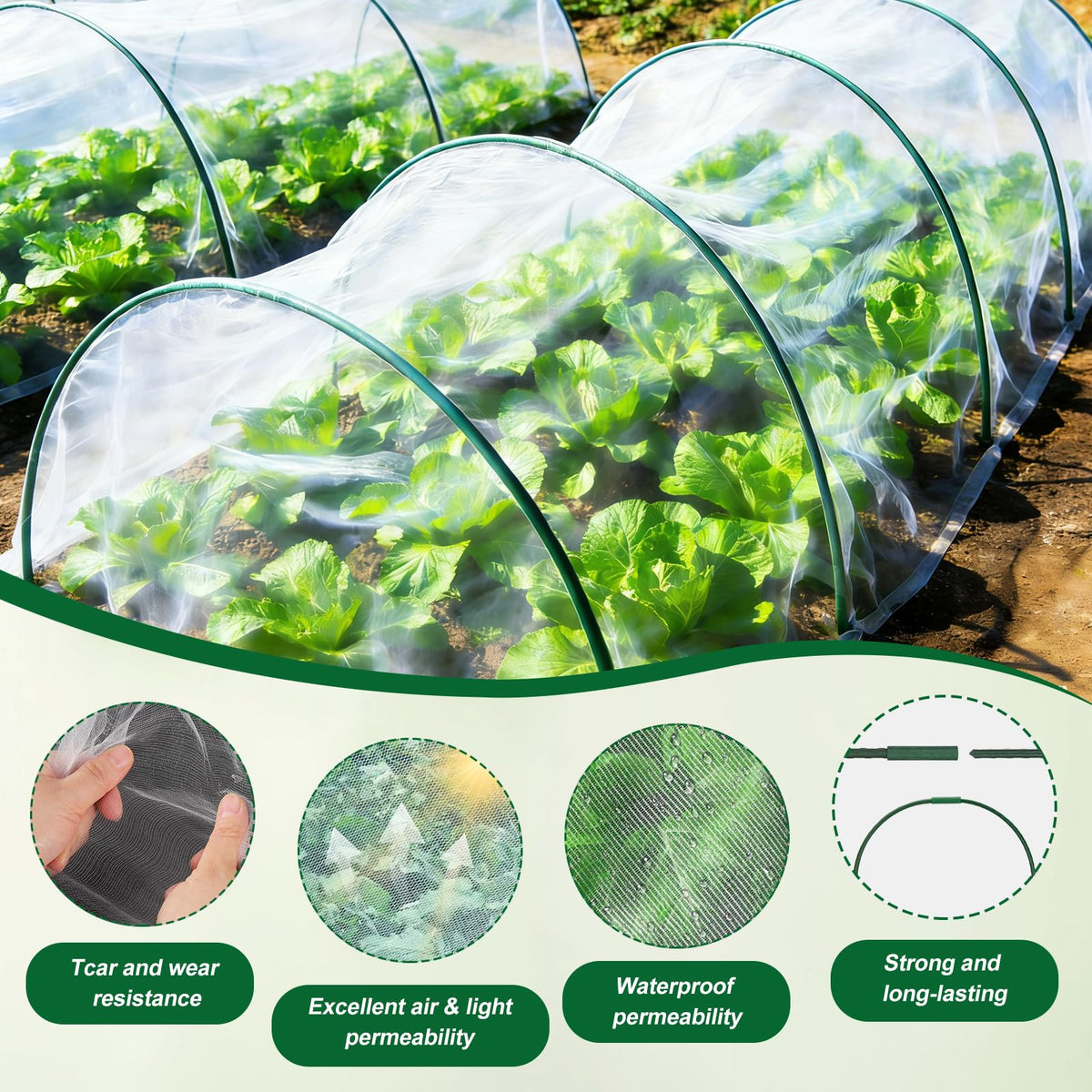 Fippy clips secure the netting for a tight, durable grow tunnel setup.