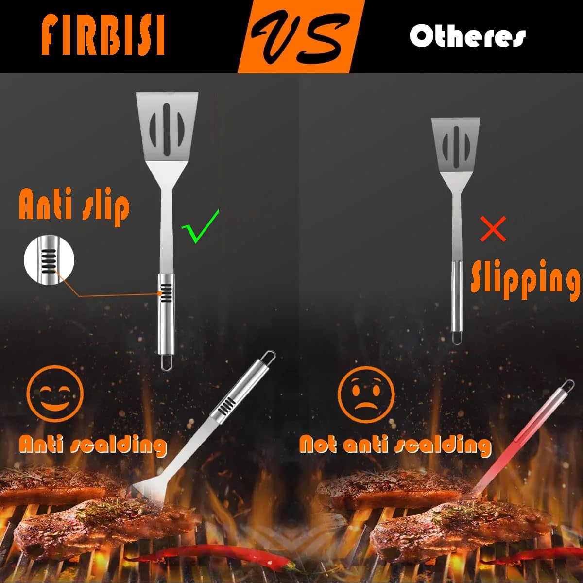 FIRBISI grill spatula for turning burgers and lifting meat safely on the grill.