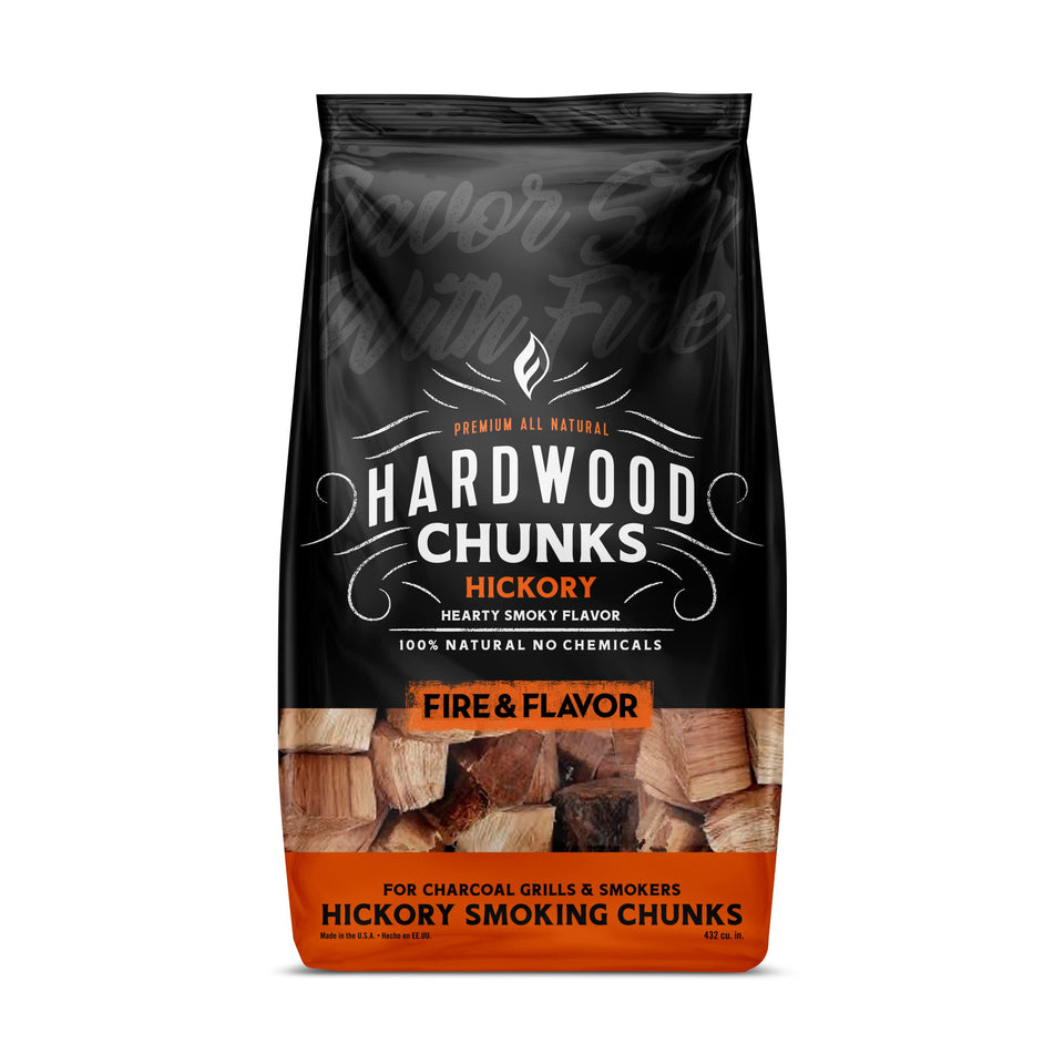 Fire & Flavor Hickory chunks packaging ready for smoking sessions