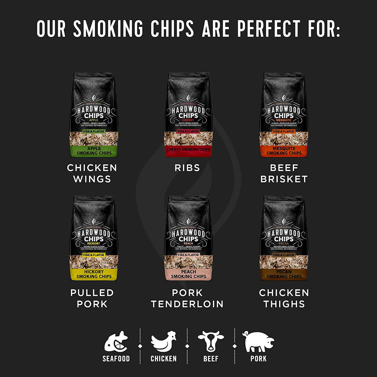Fire & Flavor Hickory chips in a smoker box provide robust aroma without chemicals.