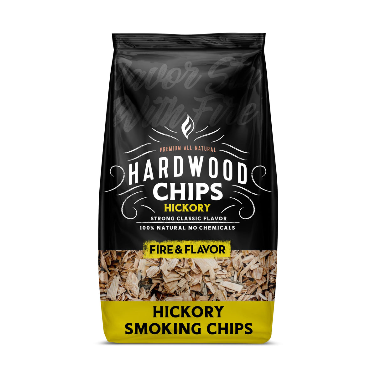Fire & Flavor Hickory wood chips in packaging highlight all-natural ingredients for authentic smoke flavor.