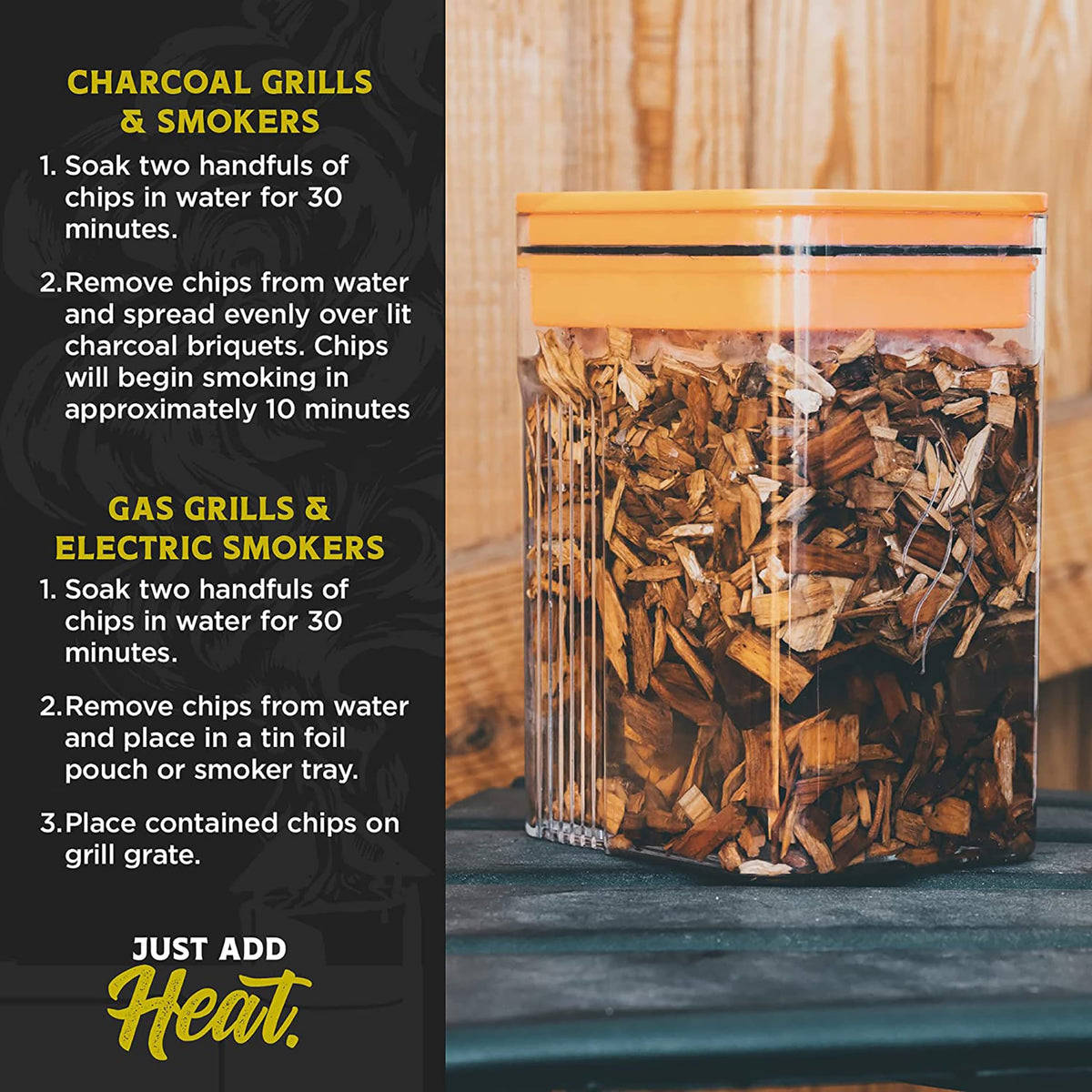 Fire & Flavor Hickory chips soaking in water ready for even flavor infusion.