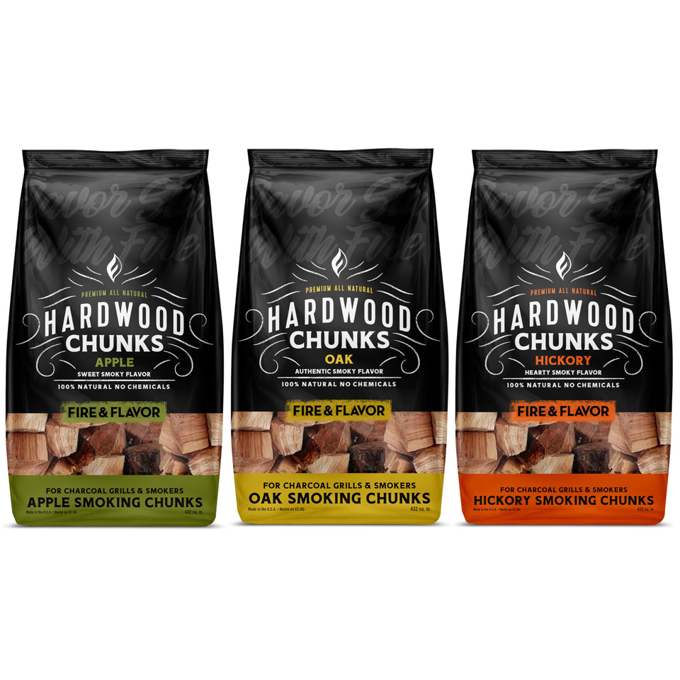 Fire & Flavor oak wood chunks bundle delivers rich smoke for beef and pork.