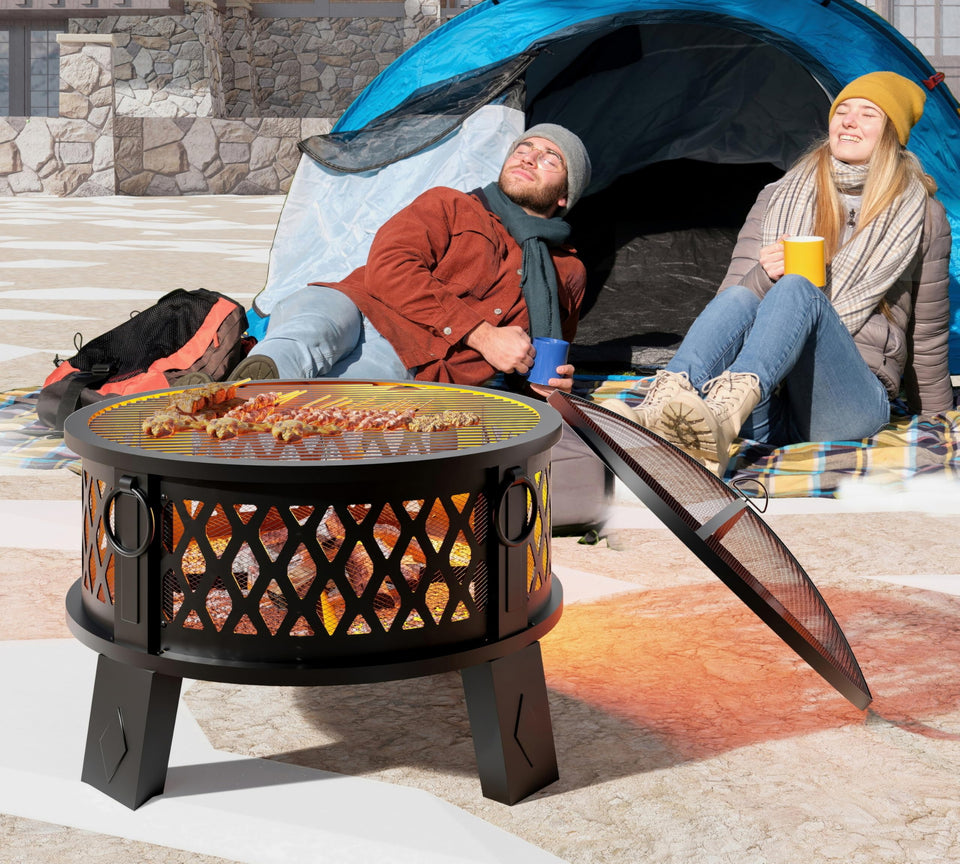 Fire Beauty 26-inch steel fire pit with diamond mesh for a dramatic, less smoky backyard gathering.