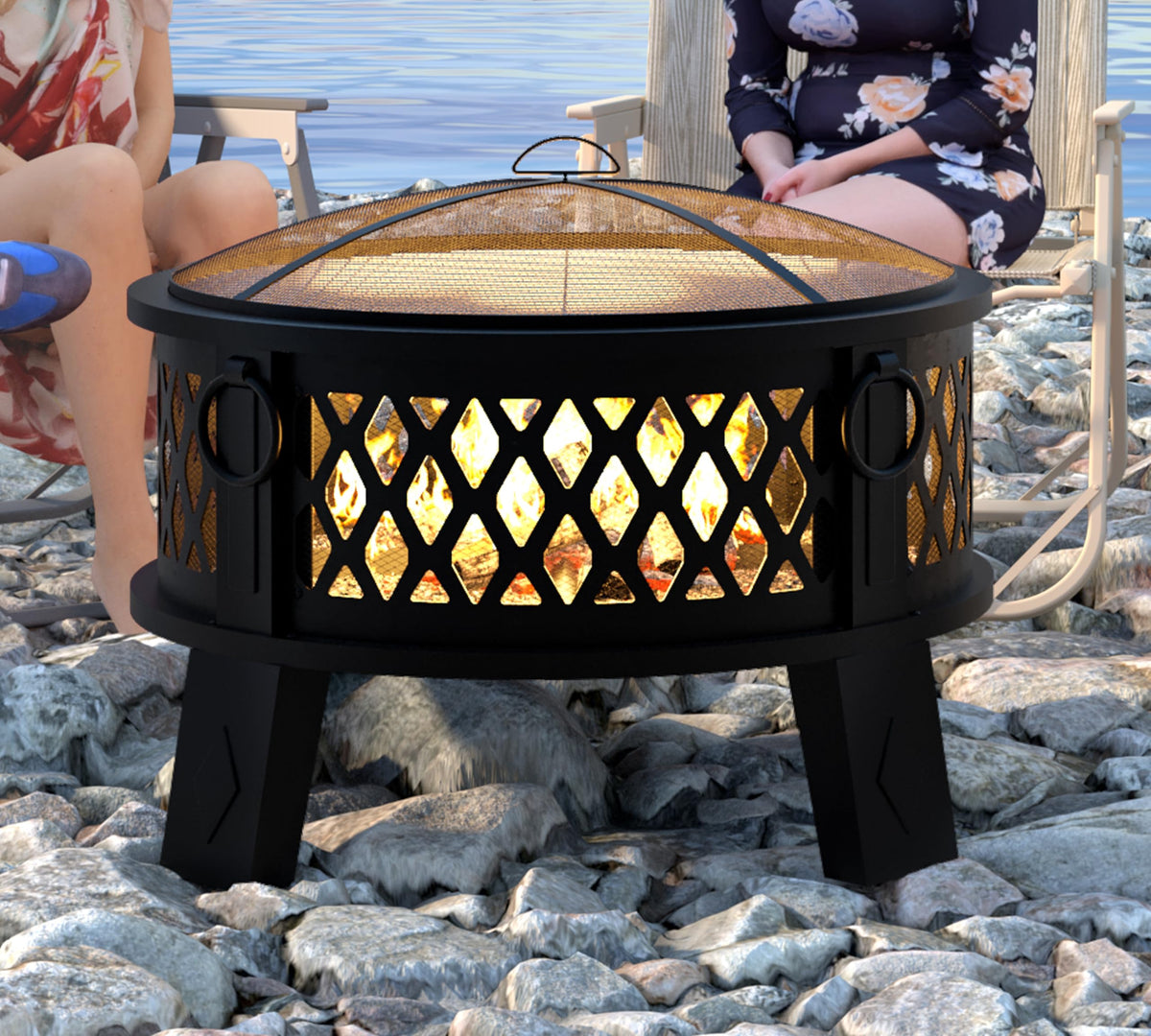 Fire Beauty reinforced grate and interlocking screen minimize ember escape on windy nights.