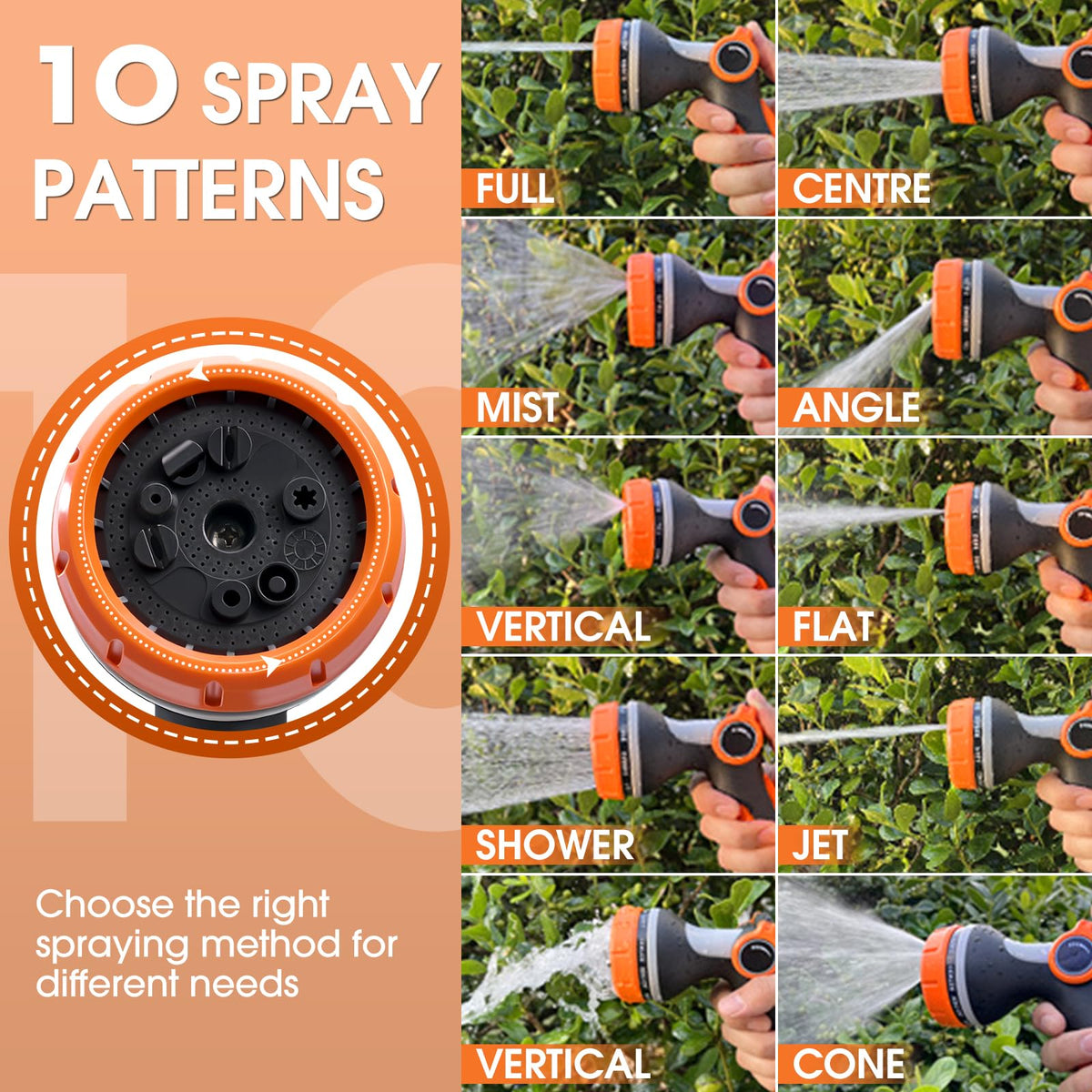 Fire Frog nozzle showing ten spray patterns for versatile watering tasks.