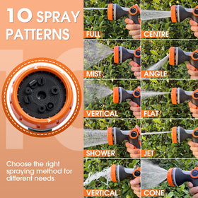 Fire Frog nozzle showing ten spray patterns for versatile watering tasks.