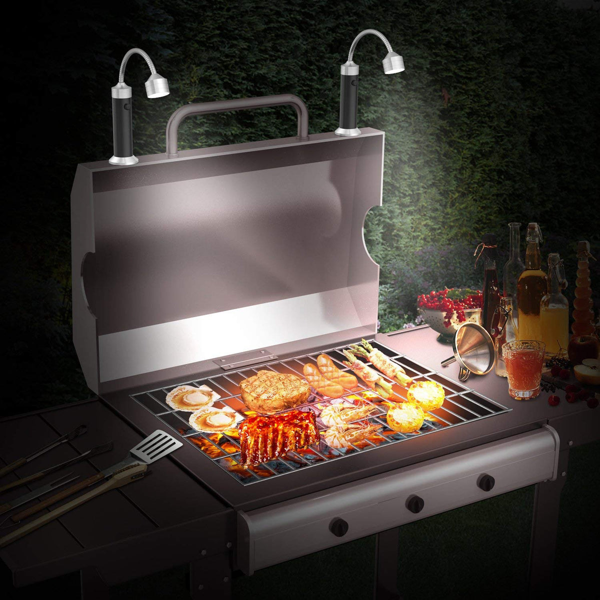Fireor grill light doubles as camping or reading light.
