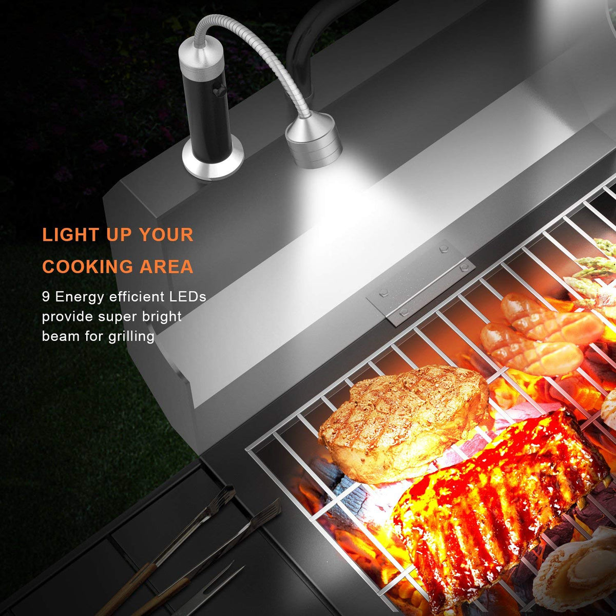 Fireor grill light magnetic base securely attaches to any grill surface.