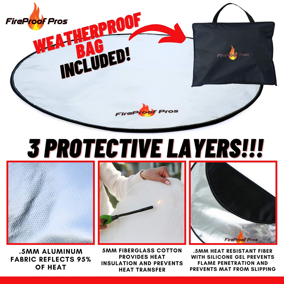 FireProof Pros heat-reflection top layer highlights 95% heat blocking.