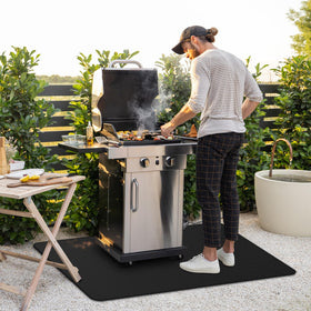 FireWESS fireproof grill pad under BBQ reduces embers and flare-ups.