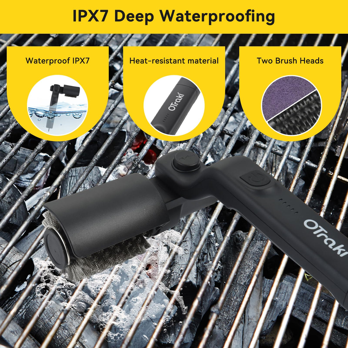 FIRINER three-speed electric grill brush for light to heavy-duty BBQ cleaning.