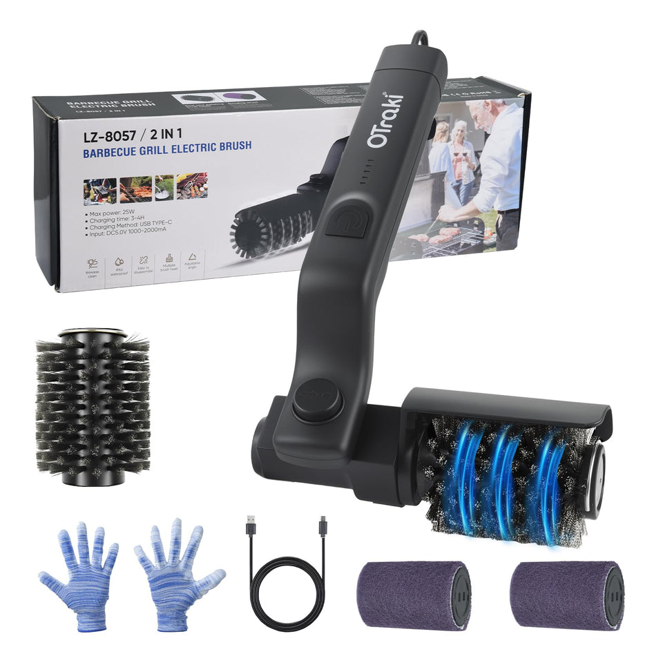 FIRINER electric grill brush with rotating head for quick, thorough grill grate cleaning.