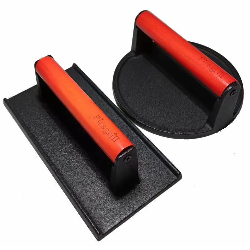 Firsgrill burger press heavy-duty cast iron for consistent flattening of patties.