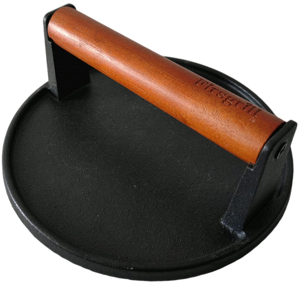 Firsgrill burger press round cast iron for even cooking and restaurant-style sear marks