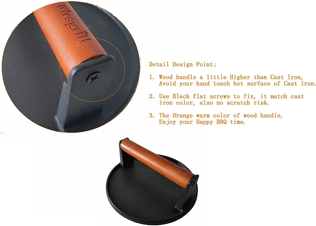 Firsgrill cast-iron press with wood handle for safe, stable lifting.