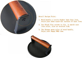 Firsgrill cast-iron press with wood handle for safe, stable lifting.