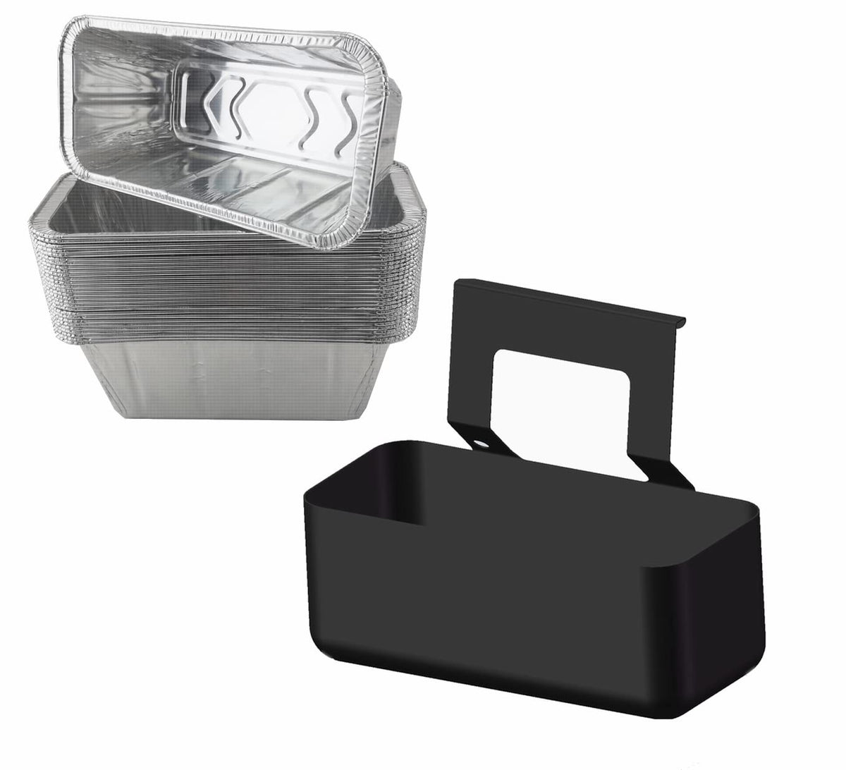 Firsgrill grease cup foil tray 17in in use on Blackstone griddle for mess-free cooking.