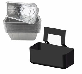 Firsgrill grease cup foil tray 17in in use on Blackstone griddle for mess-free cooking.