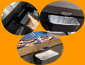 Firsgrill tray collects grease to reduce mess and flare-ups.