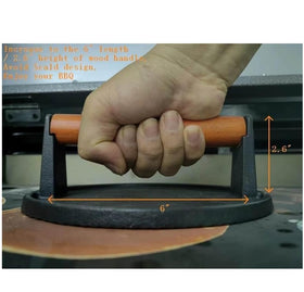 Firsgrill press with wood handle close-up highlighting ergonomic grip