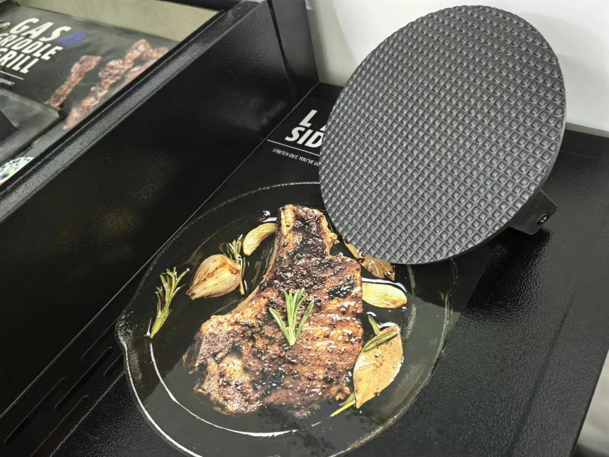 Firsgrill thin-meat press reduces cooking time on any grill