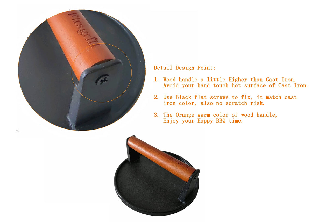 Firsgrill wood-handle press offering safe grip and cool-to-touch handling while grilling
