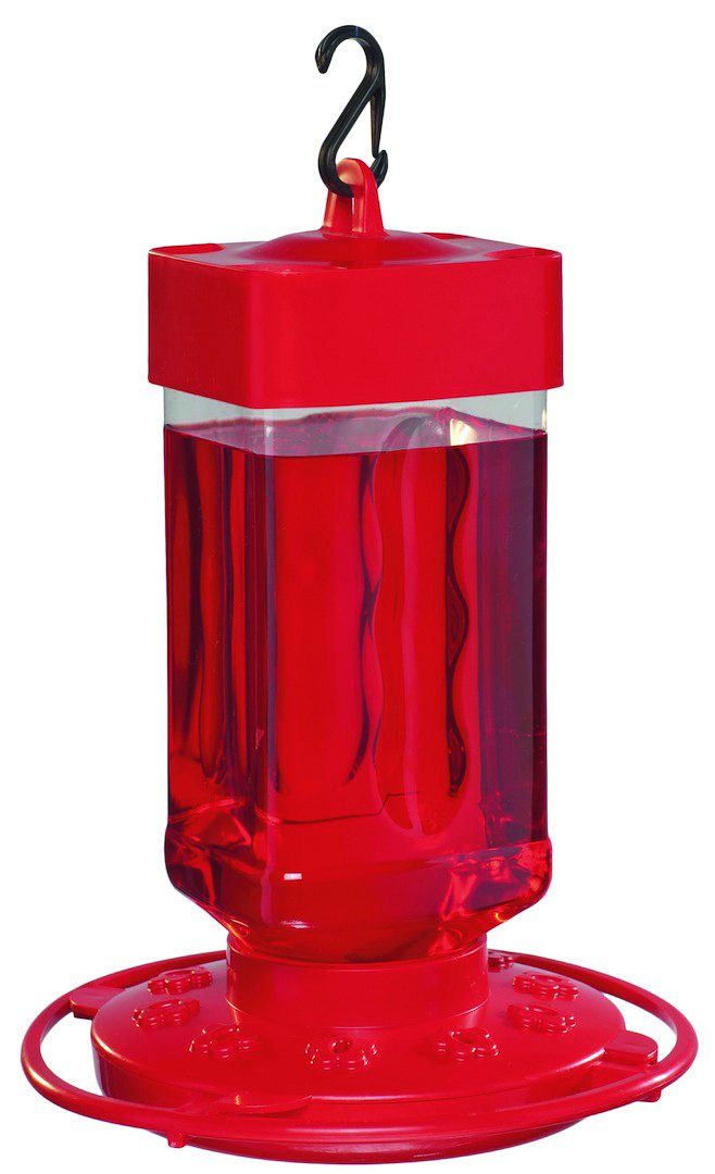 First Nature hummingbird feeder with wide-mouth reservoir for easy filling and cleaning.