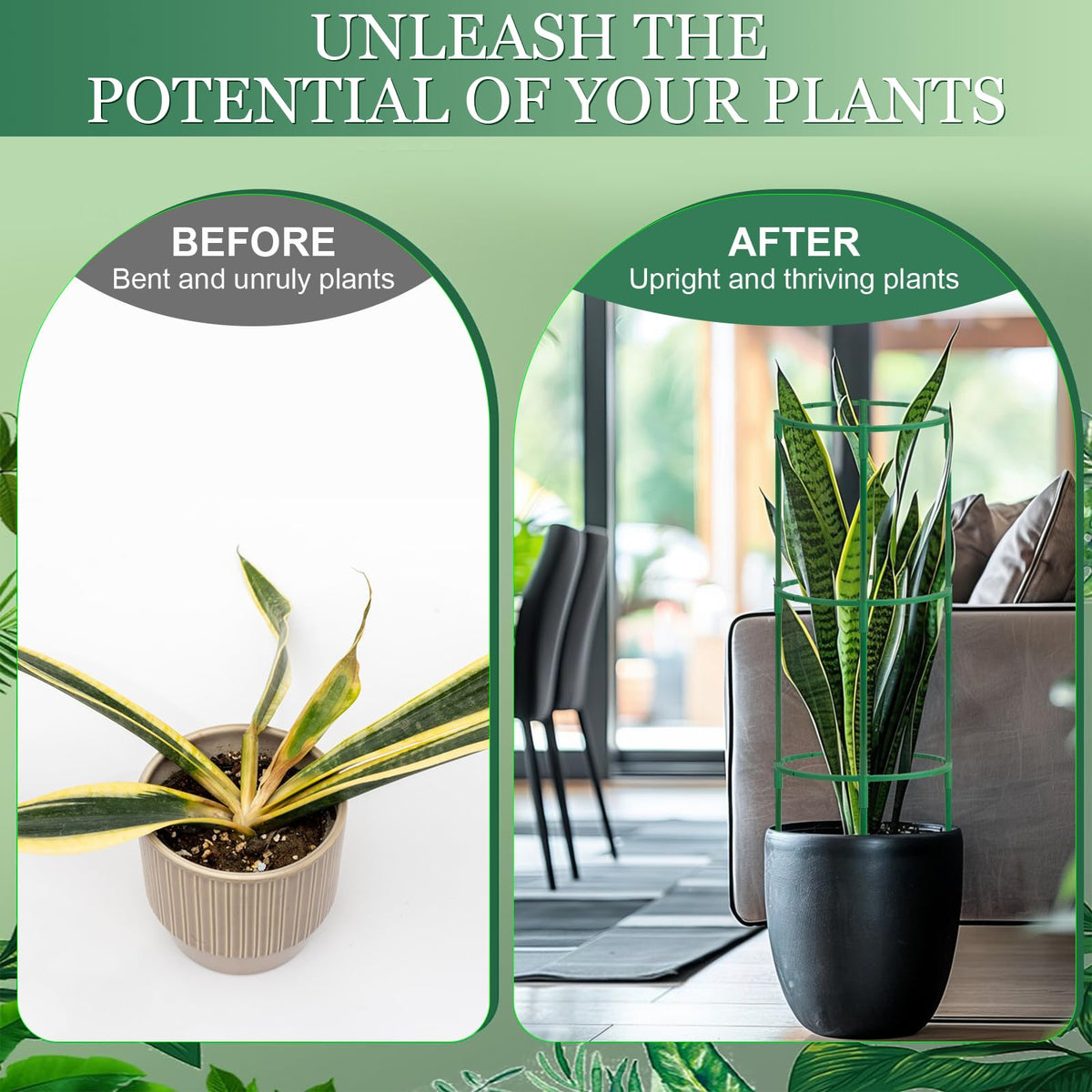 First-zgel ABS green plant support blends with foliage and resists weather.