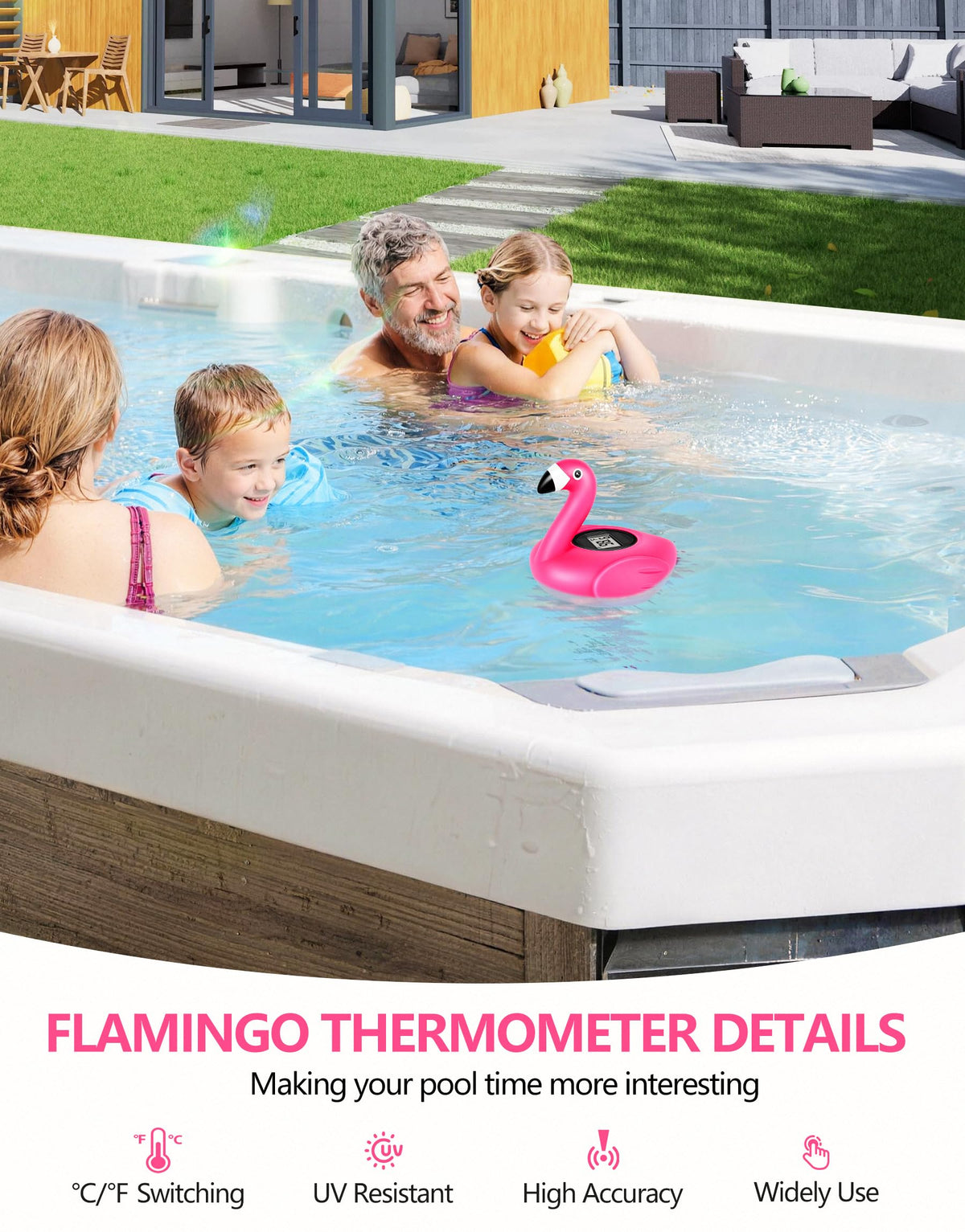 FirstE flamingo design brightens pool area while monitoring temperature.