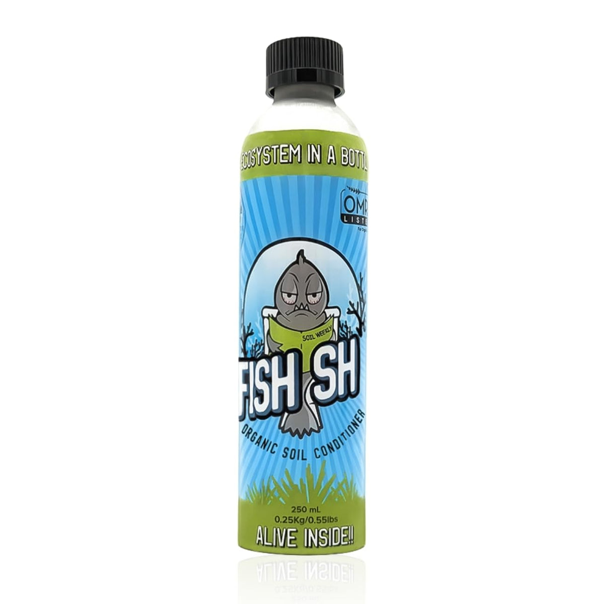Fish Head Farms liquid soil conditioner bottle supports microbial soil health for indoor and outdoor plants.