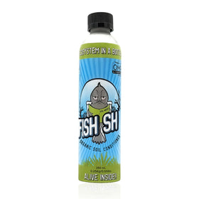 Fish Head Farms liquid soil conditioner bottle supports microbial soil health for indoor and outdoor plants.