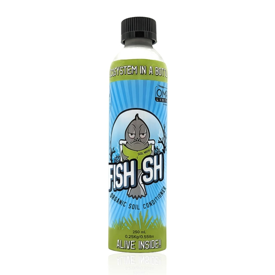 Fish Head Farms liquid soil conditioner bottle supports microbial soil health for indoor and outdoor plants.