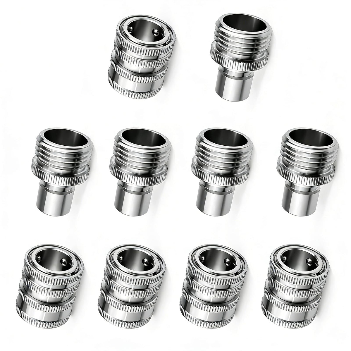 FISHFRUIT stainless steel quick-connect set shown for durable outdoor hoses.